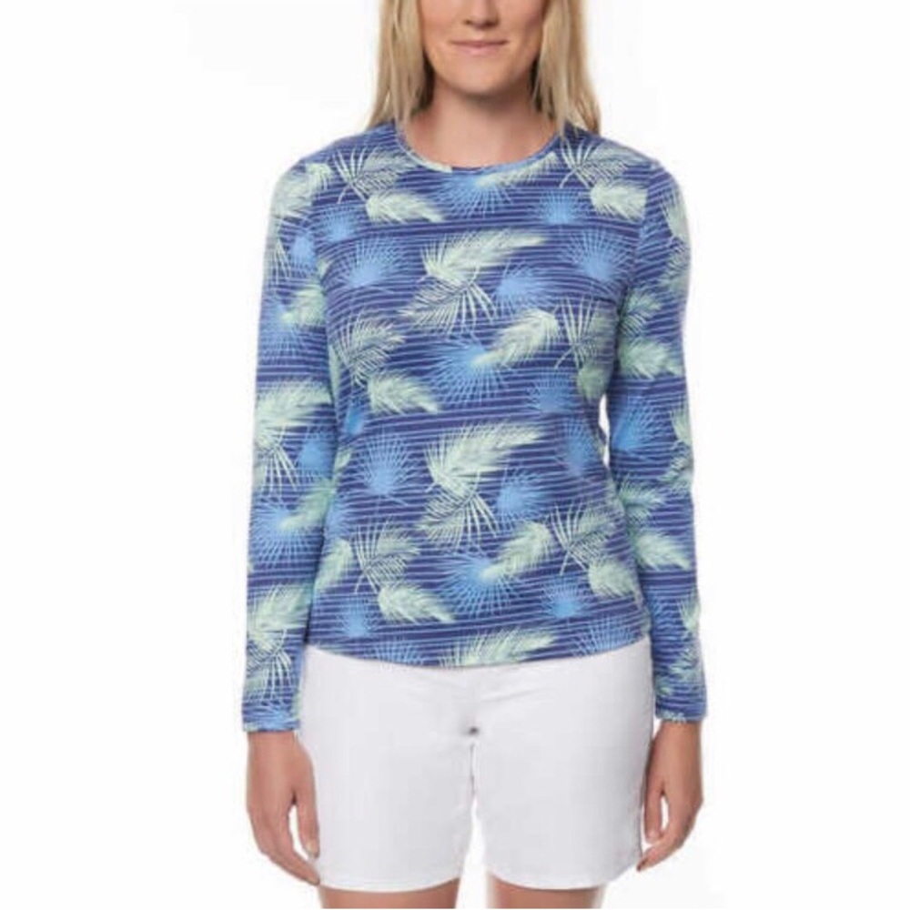 Womens Long Sleeve Rashguard UPF 50+ Shirt Large Tropical Leaf Stripe Swim Surf